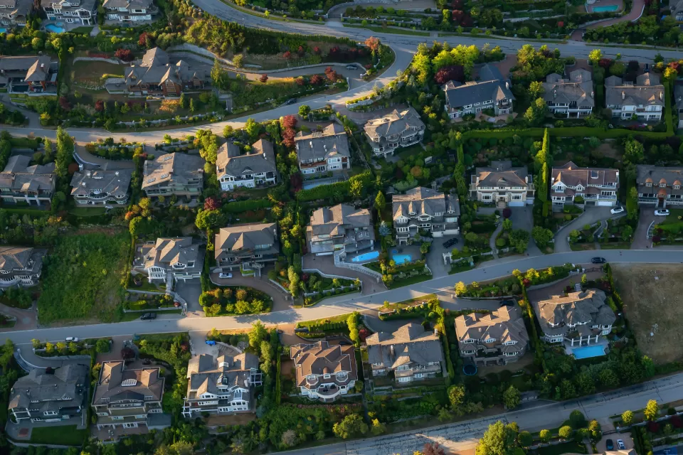 Aerial view of large single-family homes in Vancouver, BC suburb